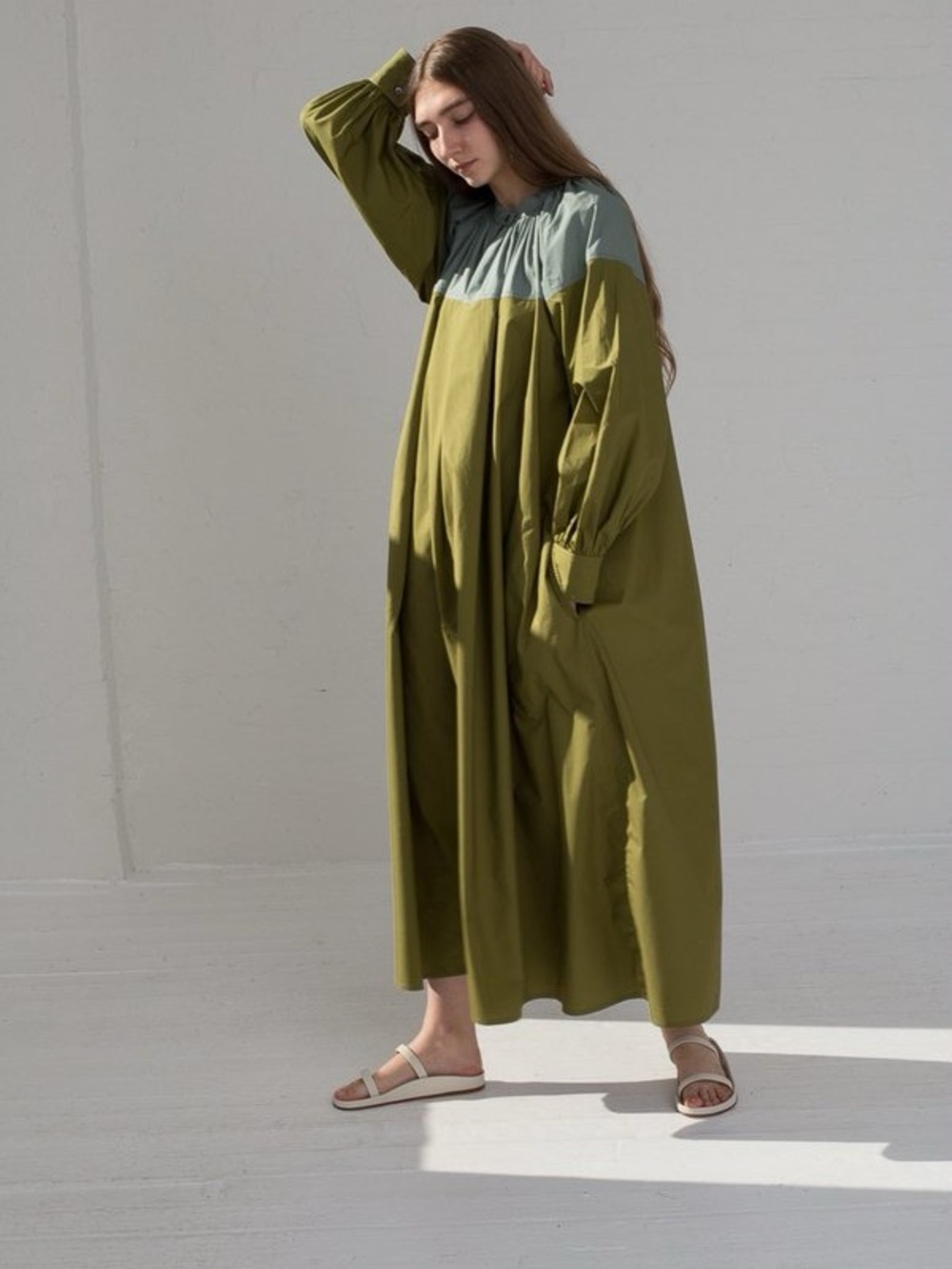 Sofie D'Hoore Olive Green Midi Dress with Pale Blue Yoke